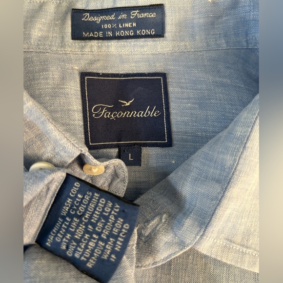 Faconnable light Blue 100% linen Casual Button Down mens Shirt Sz-L. E18 - Picture 10 of 10